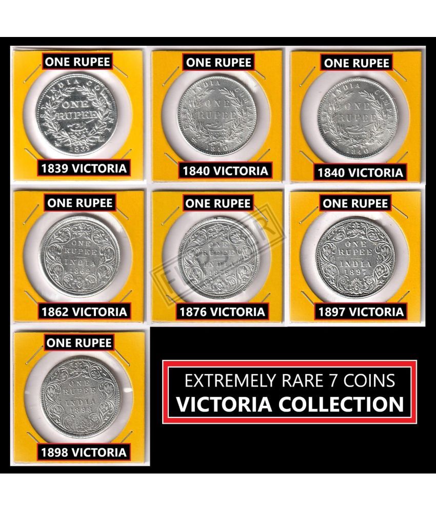     			**Extremely Rare 7 Coins** One Rupee - Victoria Queen, British India old Silverplated 7 Coins Collection