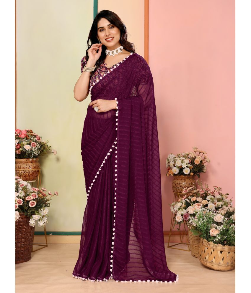     			Fashionfricks Pack of 1 Georgette Striped Saree With Blouse Piece ( Purple )