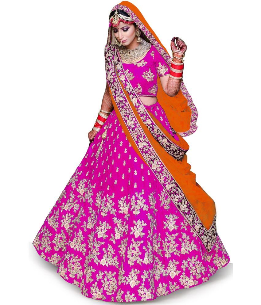     			Trijal Fab Pink Silk Circular Semi Stitched Lehenga Single