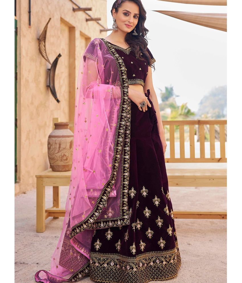     			Trijal Fab Purple Velvet Circular Semi Stitched Lehenga Single