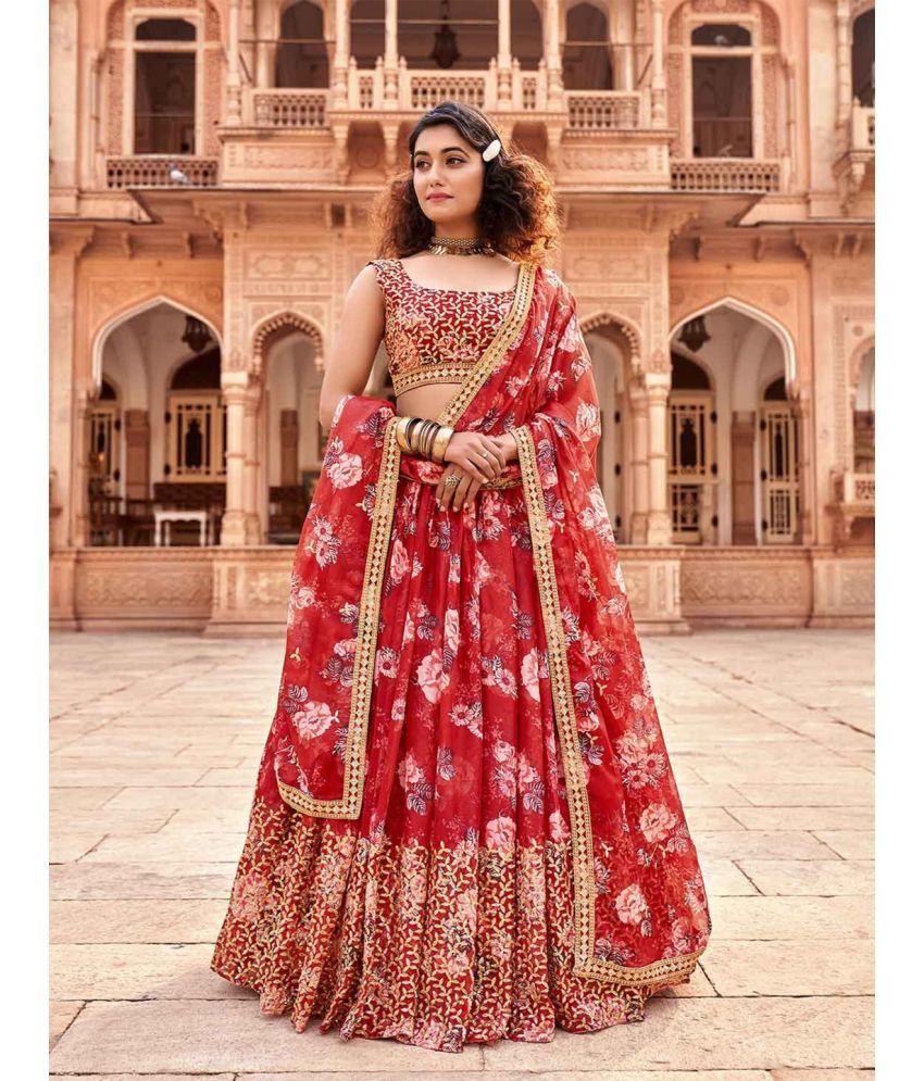     			Trijal Fab Red Georgette Circular Semi Stitched Lehenga Single