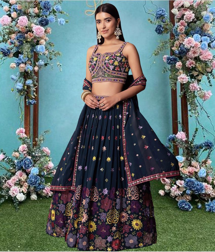     			kedar fab Blue Georgette Circular Semi Stitched Lehenga Single