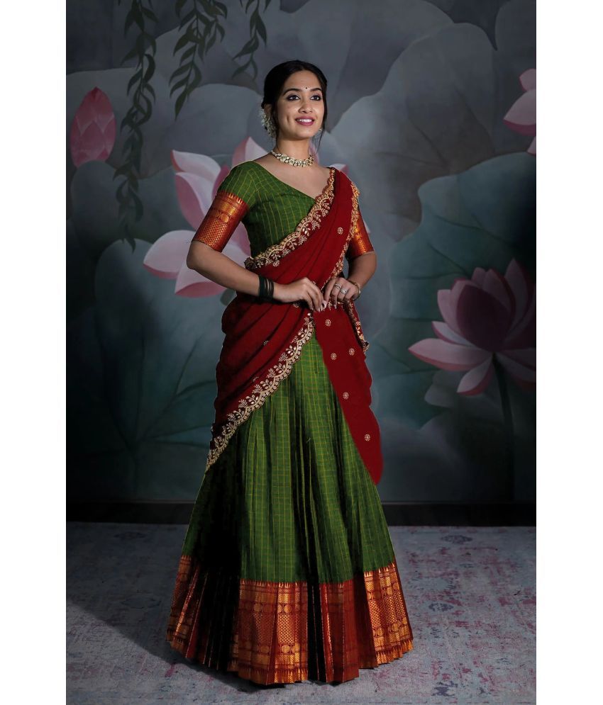     			kedar fab Green Jacquard Circular Semi Stitched Lehenga Single