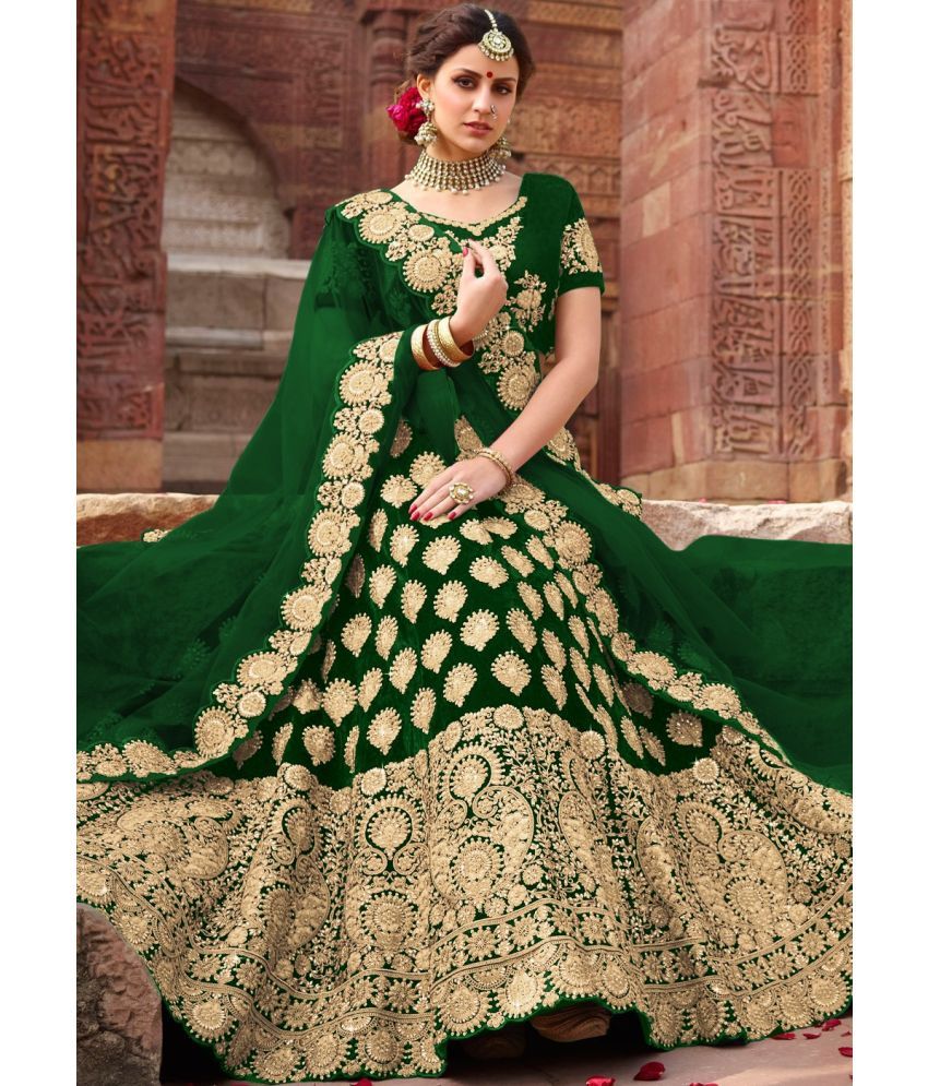     			kedar fab Green Silk Circular Semi Stitched Lehenga Single