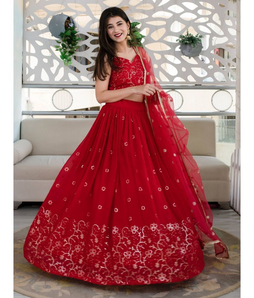     			kedar fab Red Georgette Circular Semi Stitched Lehenga Single