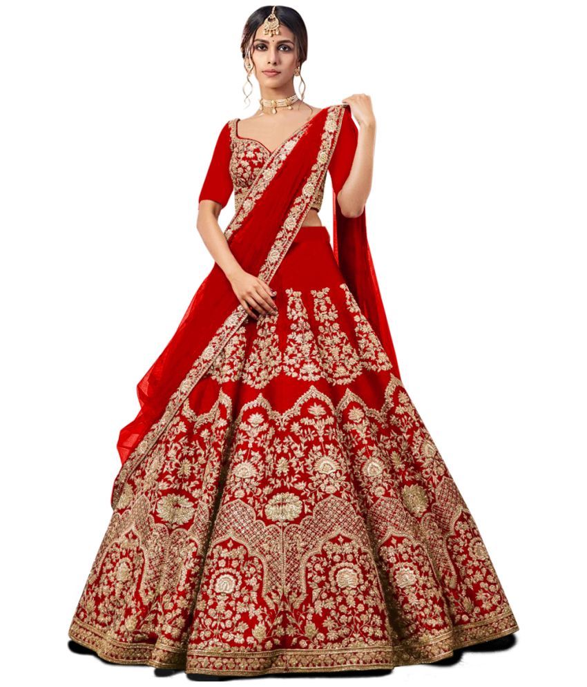     			kedar fab Red Silk Circular Semi Stitched Lehenga Single