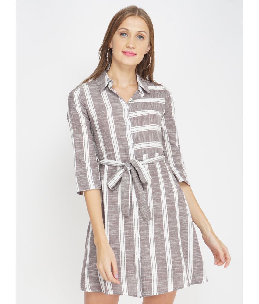     			Oxolloxo Cotton Striped Above Knee Women's Shirt Dress - Brown ( Pack of 1 )