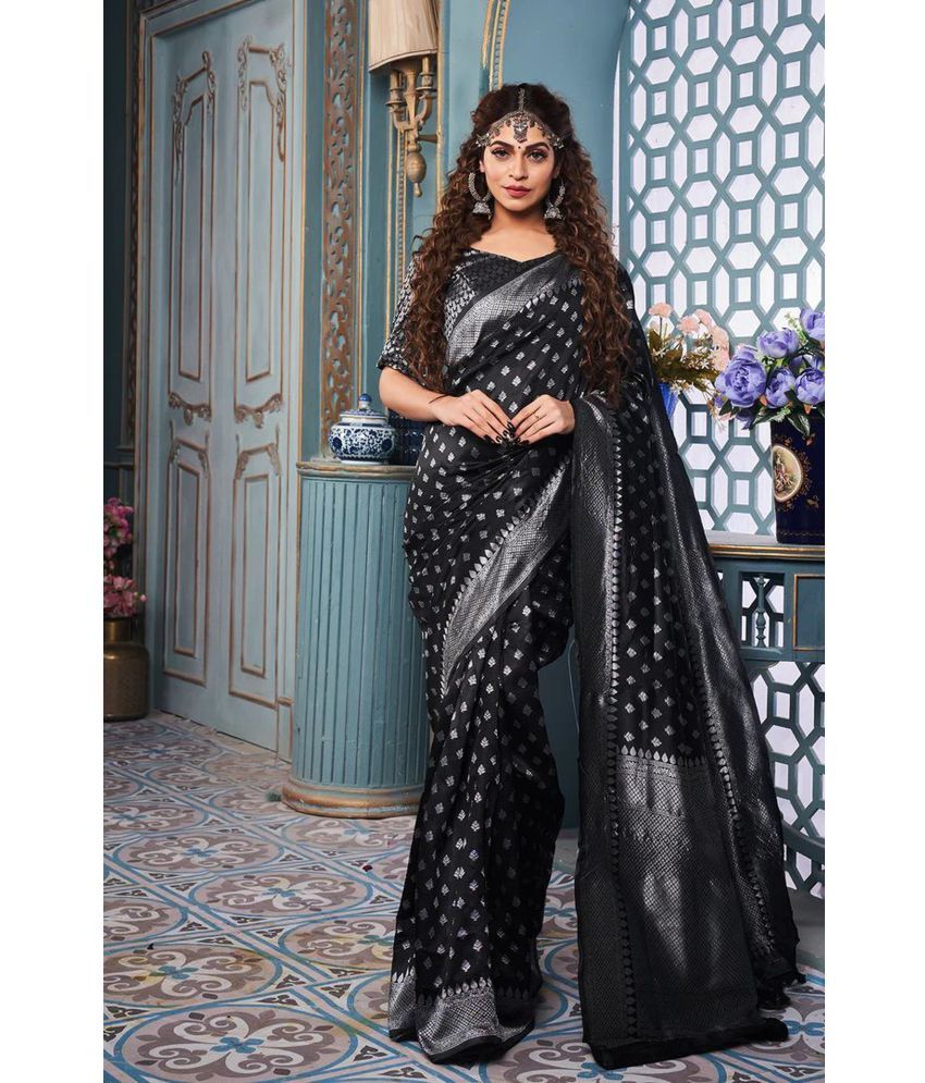     			SAREEKART FAB Pack of 1 Kanjivaram Silk Woven Saree With Blouse Piece ( Black )