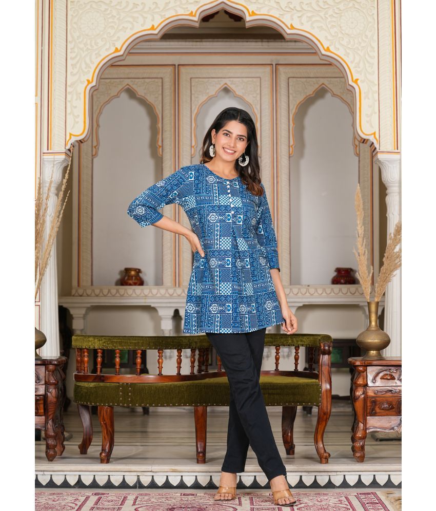     			Yash Gallery Pack of 1 Cotton Printed Straight Women's Kurti - ( Blue )