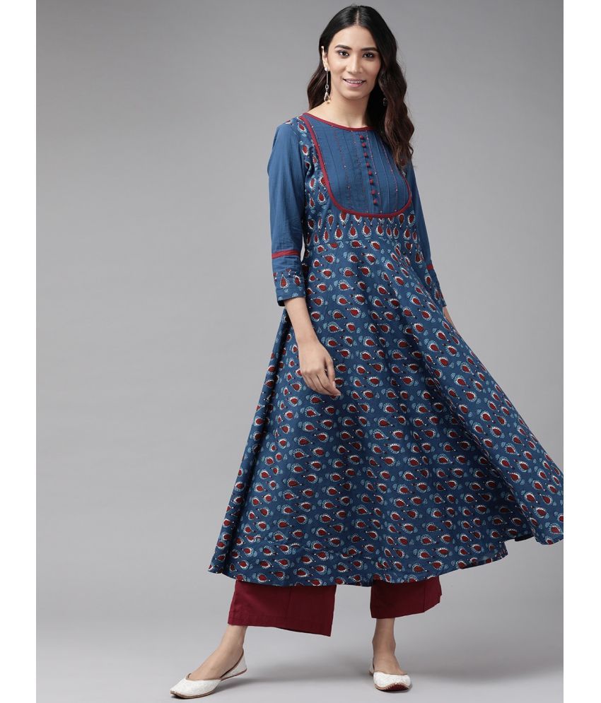     			Yash Gallery Pack of 1 Cotton Printed Anarkali Women's Kurti - ( Blue )