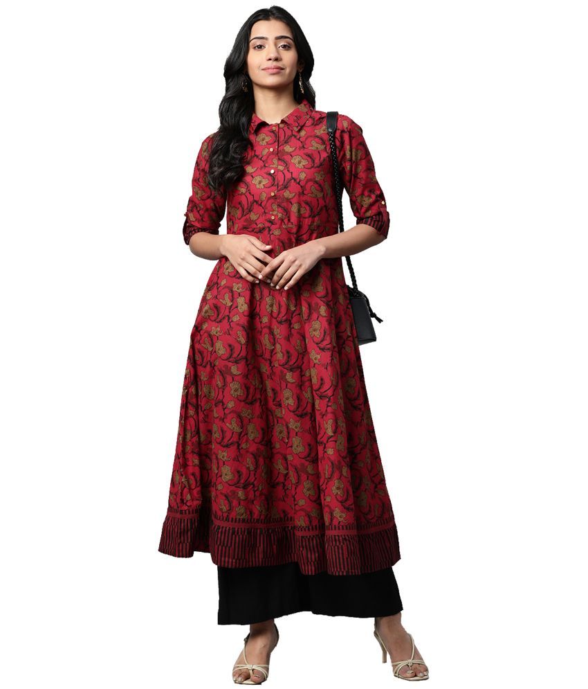     			Yash Gallery Pack of 1 Cotton Printed Anarkali Women's Kurti - ( Maroon )