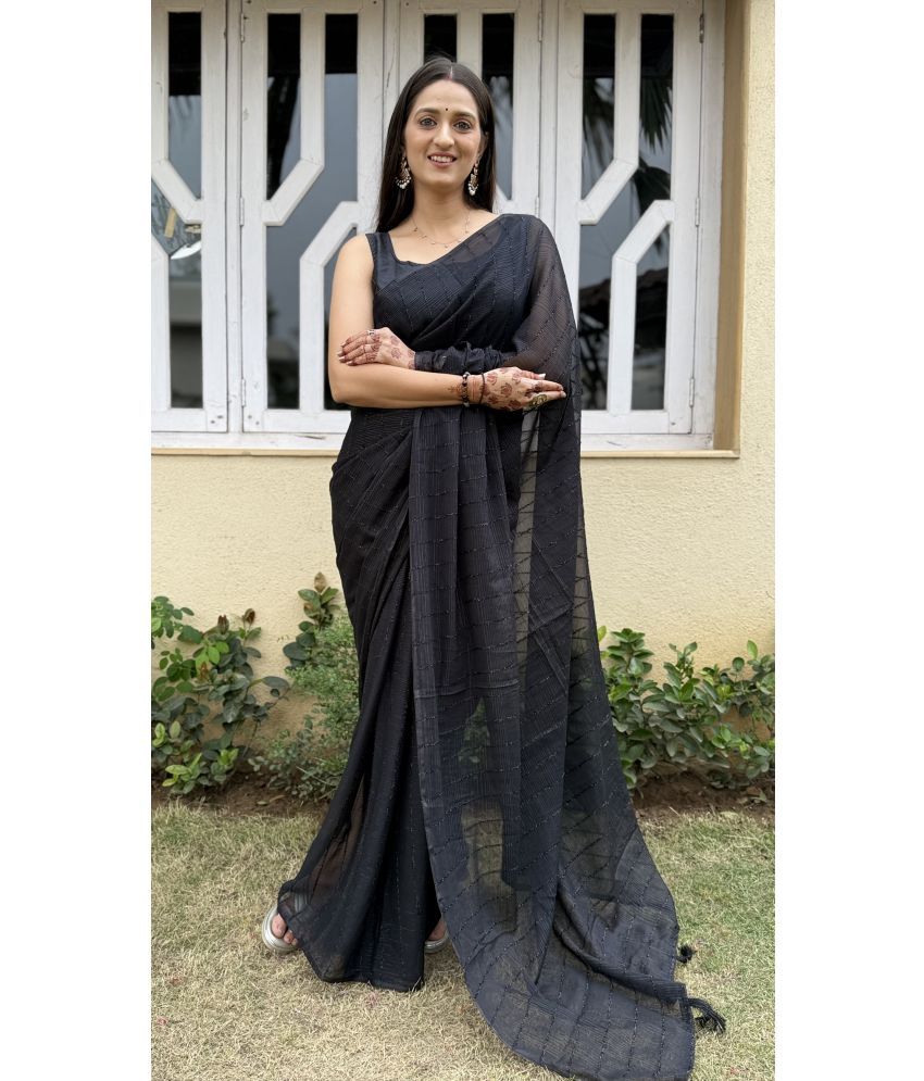     			A TO Z CART Pack of 1 Chiffon Striped Saree With Blouse Piece ( Black )