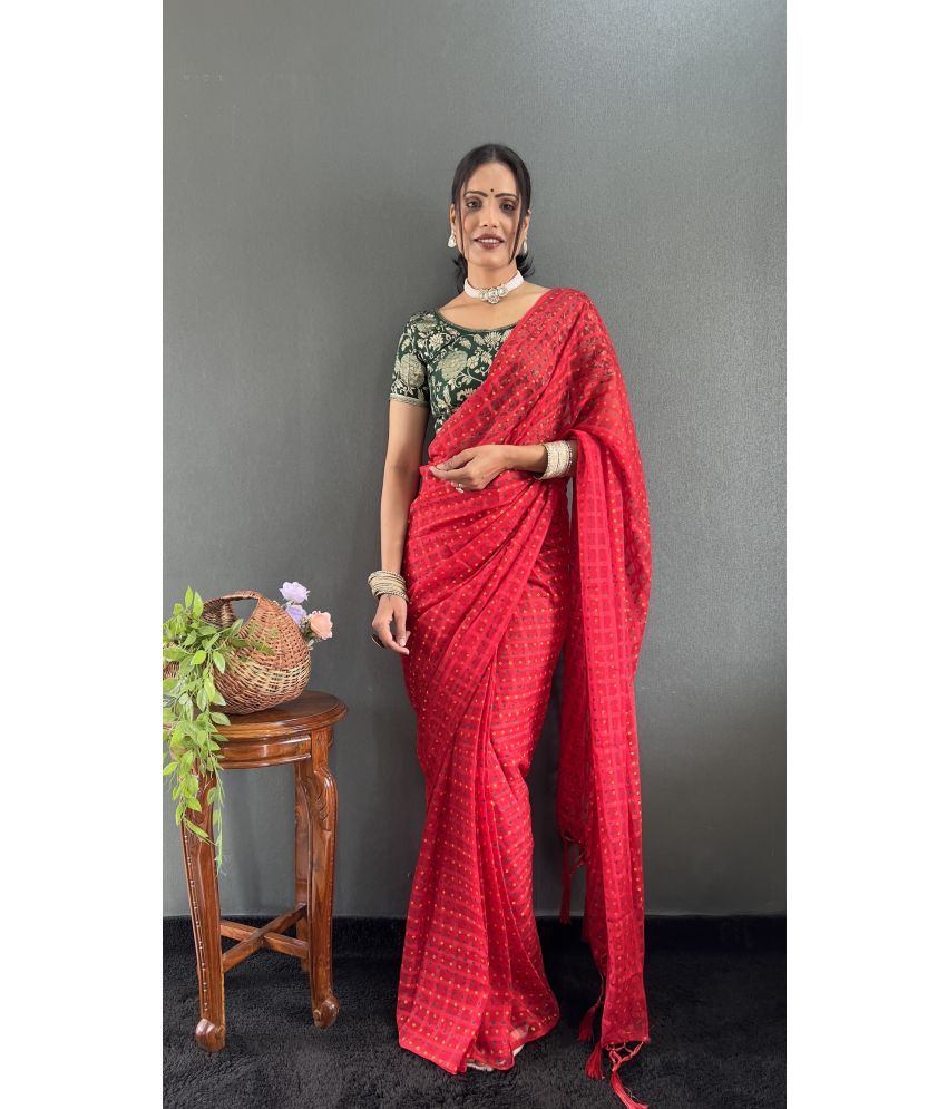     			JULEE Pack of 1 Chiffon Checks Saree With Blouse Piece ( Red )