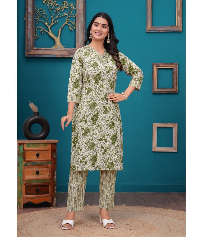     			Kbz Cotton Printed Kurti With Pants Women's Stitched Salwar Suit - Green ( Pack of 1 )