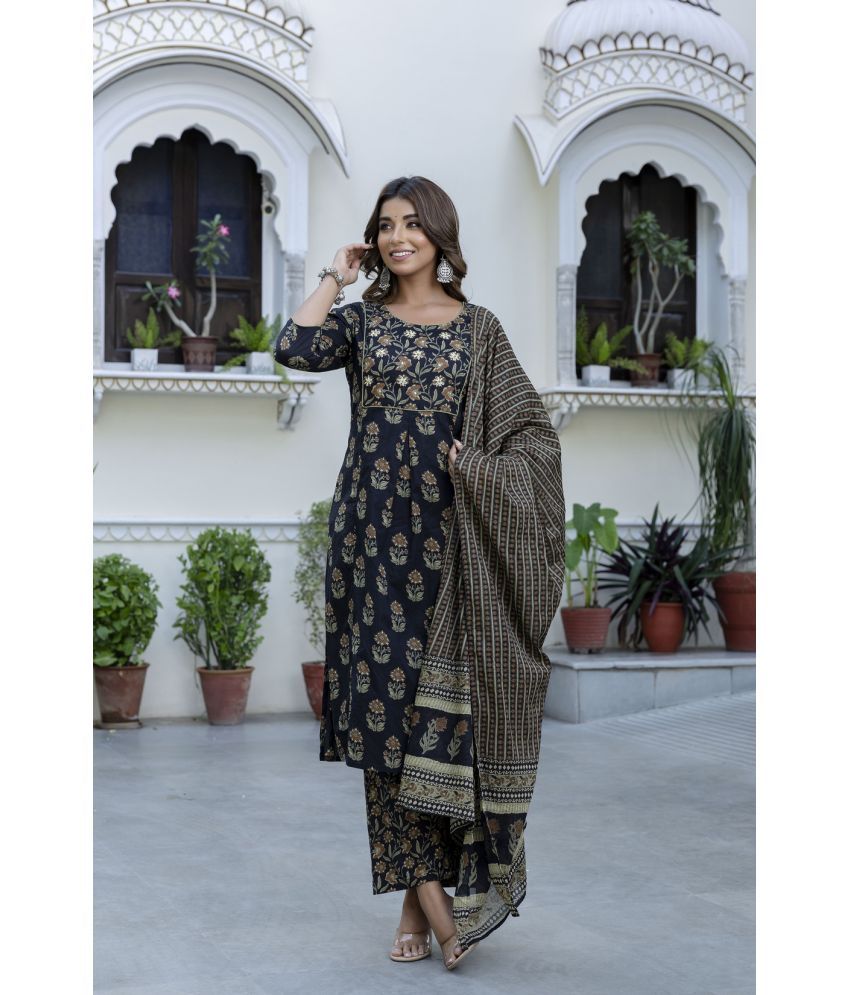     			Kohsh Cotton Printed Kurti With Pants Women's Stitched Salwar Suit - Black ( Pack of 1 )