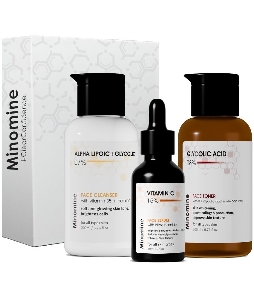     			Minomine Skincare Routine Kit for Unisex | Brightening & Hydrating | Formulated Whitening Skin , Improve Skin Texture & Boosts Collagen Production | Face Serum, Cleanser, Toner | 430ml