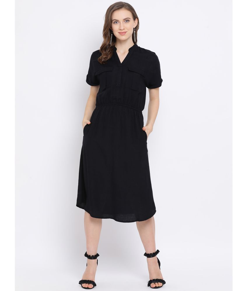     			Oxolloxo Cotton Solid Calf-Length Women's A-line Dress - Black ( Pack of 1 )