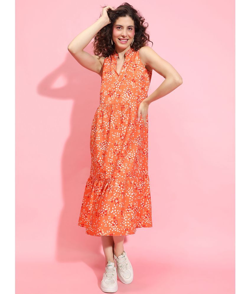     			Oxolloxo Polyester Printed Above Knee Women's A-line Dress - Orange ( Pack of 1 )