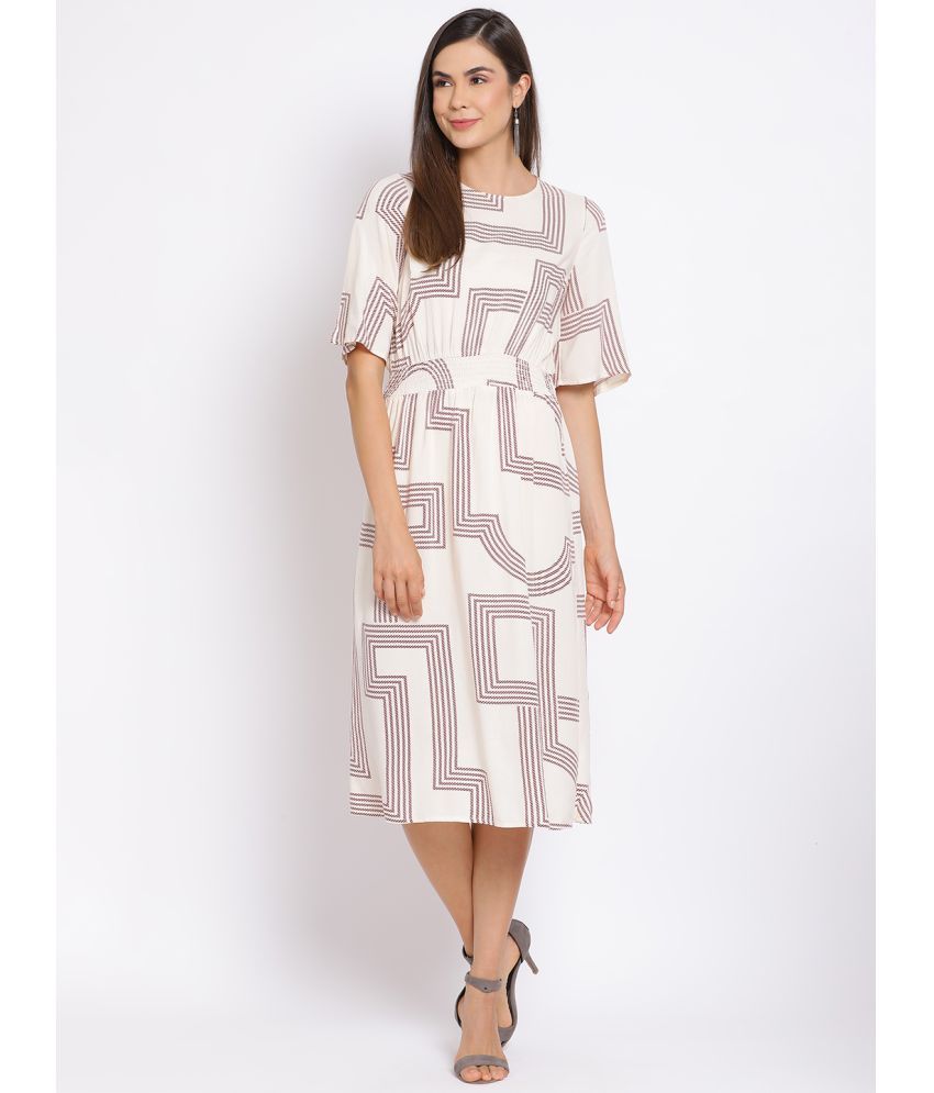     			Oxolloxo Viscose Rayon Printed Calf-Length Women's A-line Dress - Beige ( Pack of 1 )