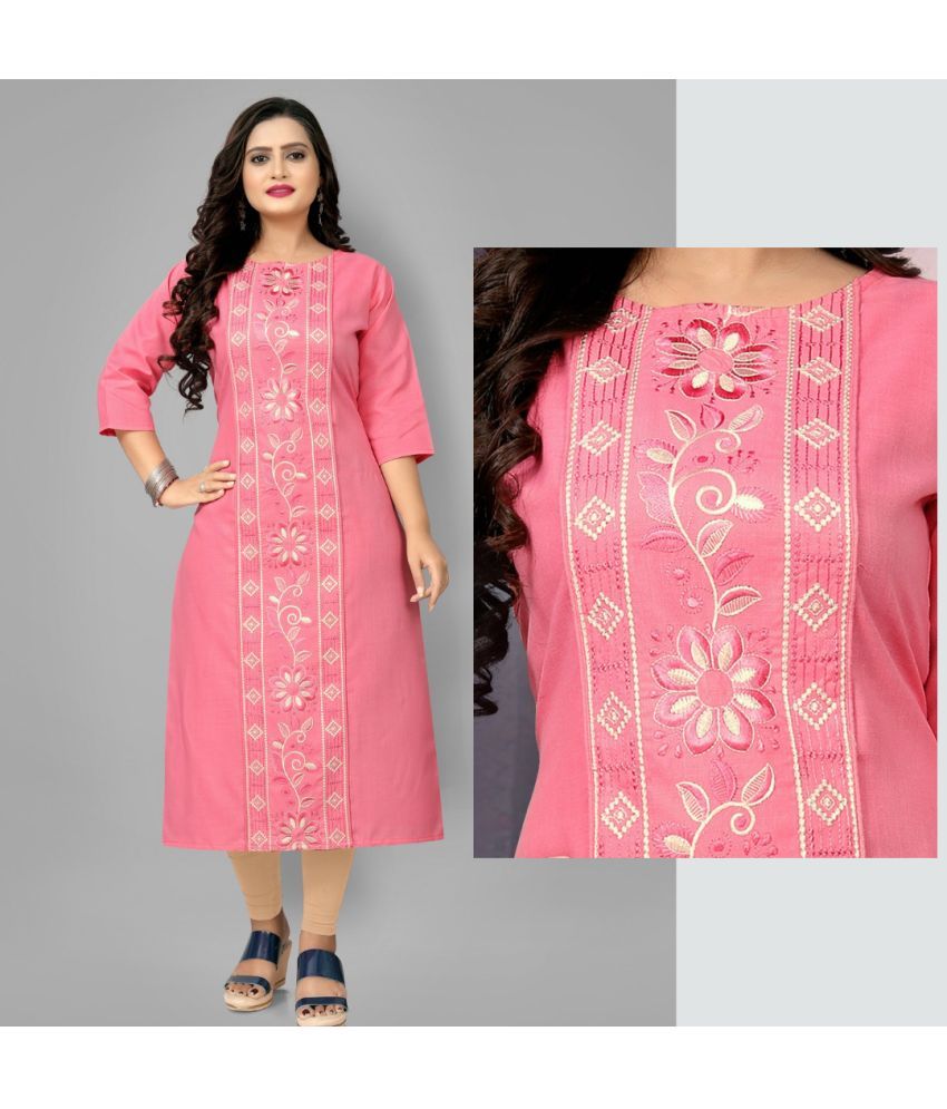     			RIAANA Pack of 1 Cotton Blend Embroidered A-line Women's Kurti - ( Pink )