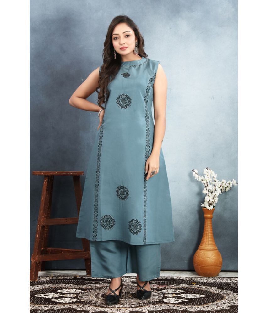     			Sanjana Silks Silk Printed Kurti With Palazzo Women's Stitched Salwar Suit - Grey ( Pack of 1 )