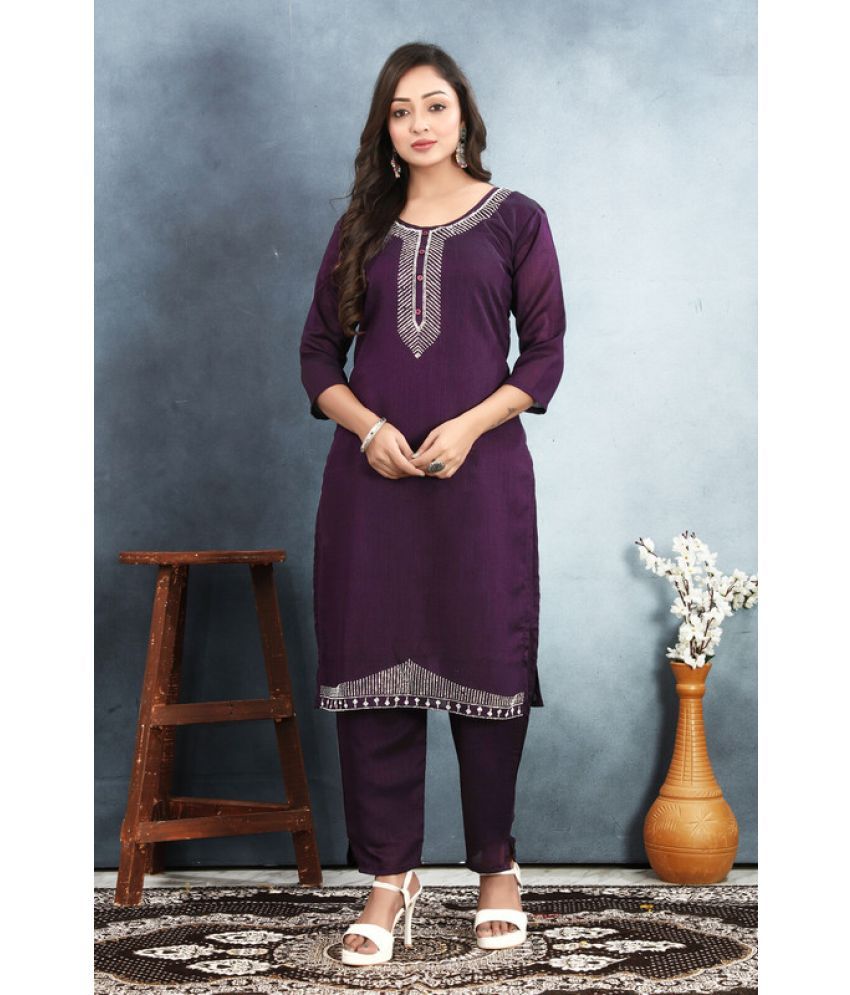     			Sanwariya Silks Silk Blend Printed Kurti With Pants Women's Stitched Salwar Suit - Wine ( Pack of 1 )