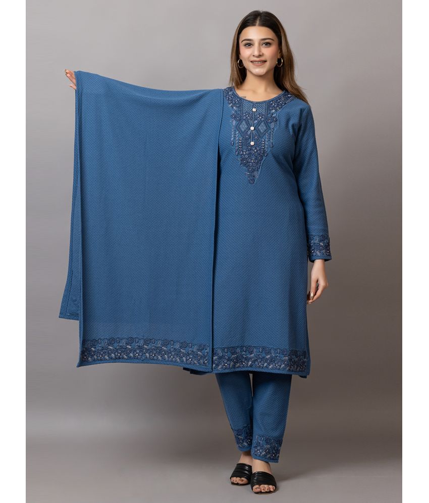     			woolkart Woollen Embroidered Kurti With Pants Women's Stitched Salwar Suit - Blue ( Pack of 1 )