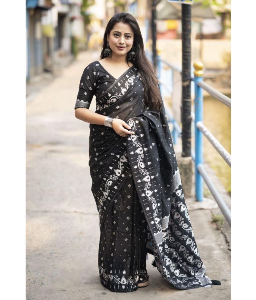     			Apnisha Pack of 1 Cotton Silk Printed Saree With Blouse Piece ( Black )