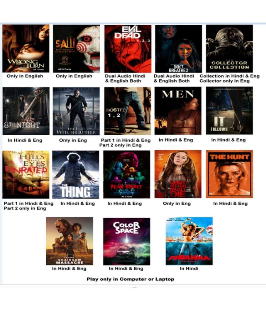     			Saw, Hills Have Eyes, Evil Dead, Wrong Turn, Hostel, Don't Breathe 2 etc total 38 Movies Play only in Computer or Laptop without poster HD print Quality for Movies Name & Audio see in Product Picture