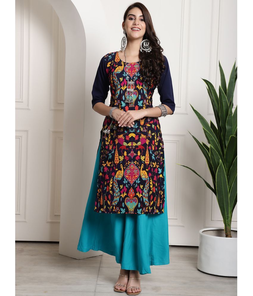     			Ethnicbasket Pack of 1 Crepe Printed Straight Women's Kurti - ( Navy )