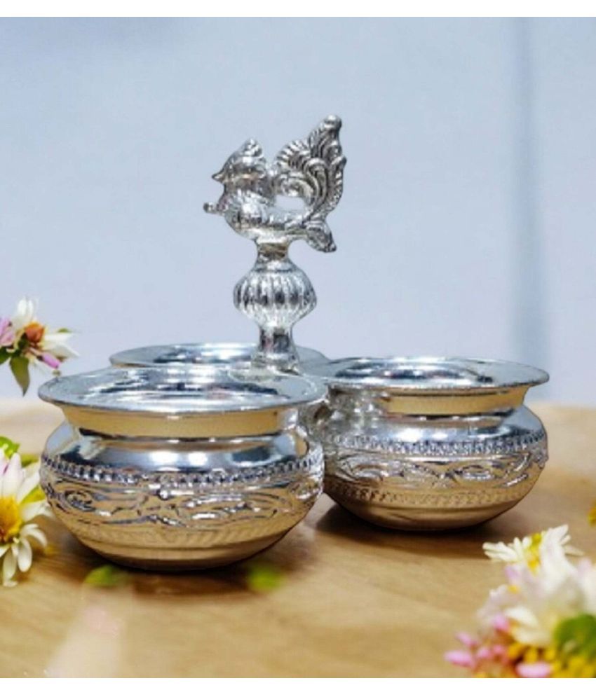     			Sigaram German Silver 3 Cup Panchwala Kum Kum Cup For Home Pooja Decore K4484