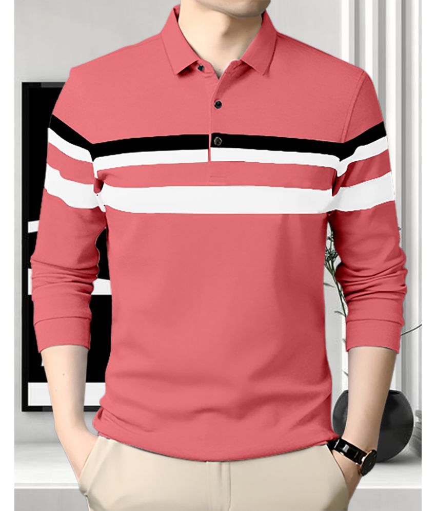     			AOOSH Pack of 1 Cotton Blend Regular Fit Striped Full Sleeves Men's Polo T Shirt ( Peach )