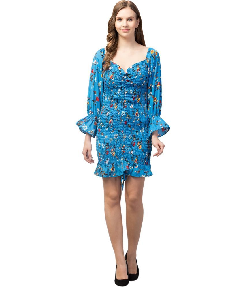     			Kulfi Polyester Printed Above Knee Women's Bodycon Dress - Blue ( Pack of 1 )