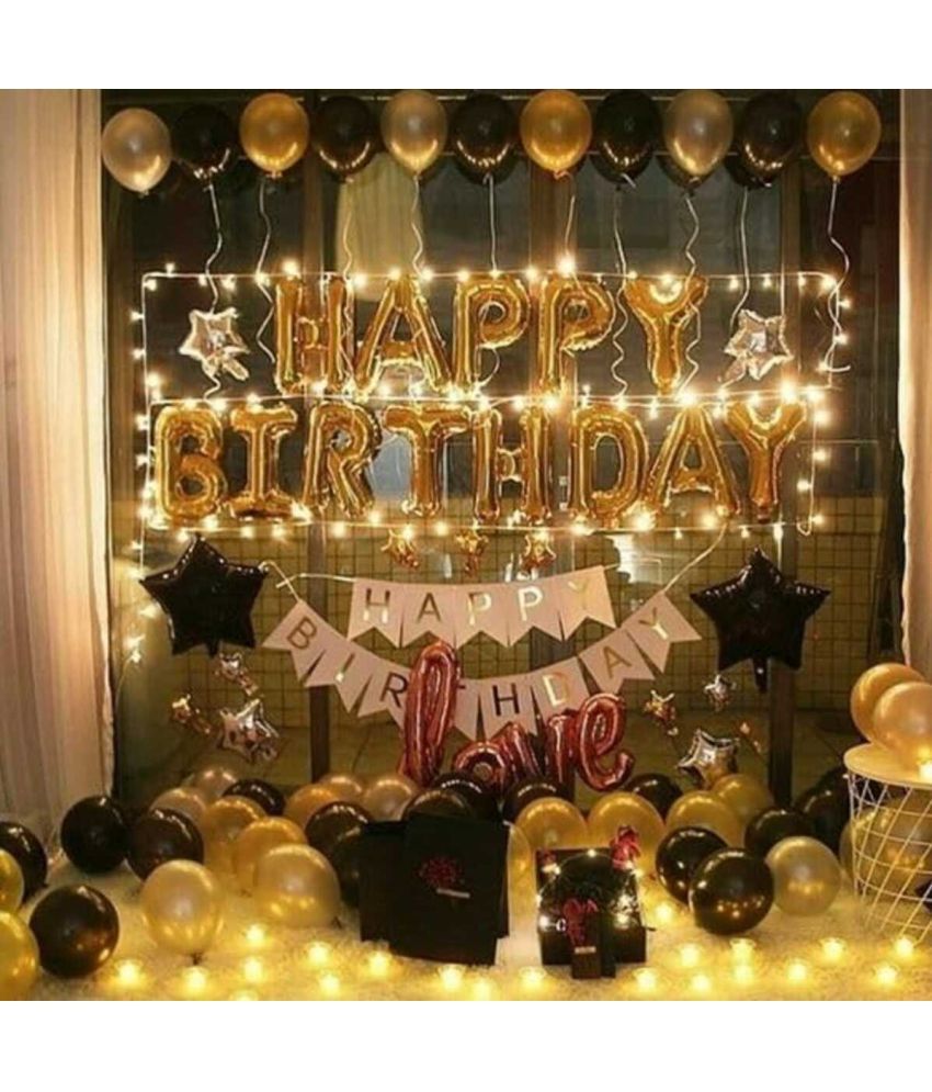     			PartyBooms Happy BIrthday Gold Decoration, 1 HBD White Decoration, 2 Black Stars Foil, 2 Silver Star Foil, 1 love Rosegold, 20 Black & 20 Gold Metallic Balloons Pack of 47