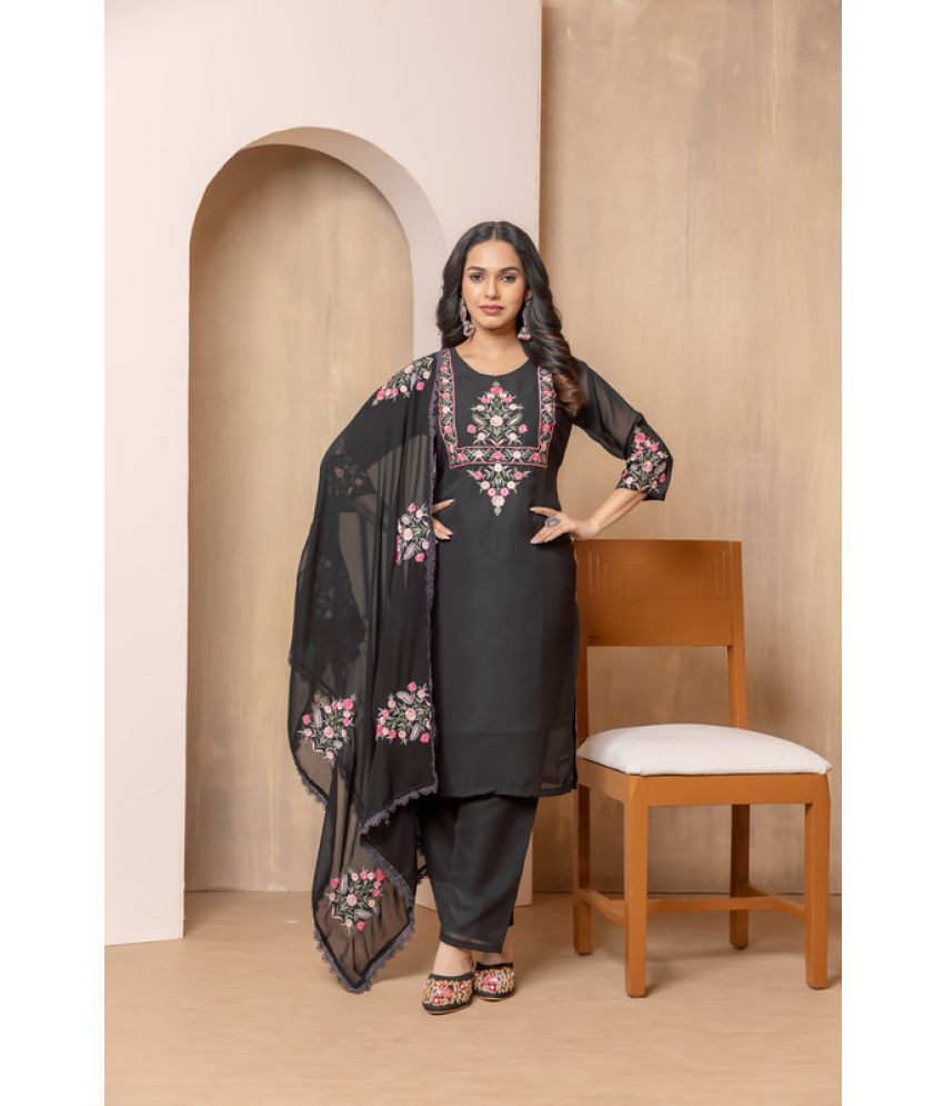     			Sitanjali Lifestyle Georgette Embroidered Kurti With Pants Women's Stitched Salwar Suit - Black ( Pack of 1 )