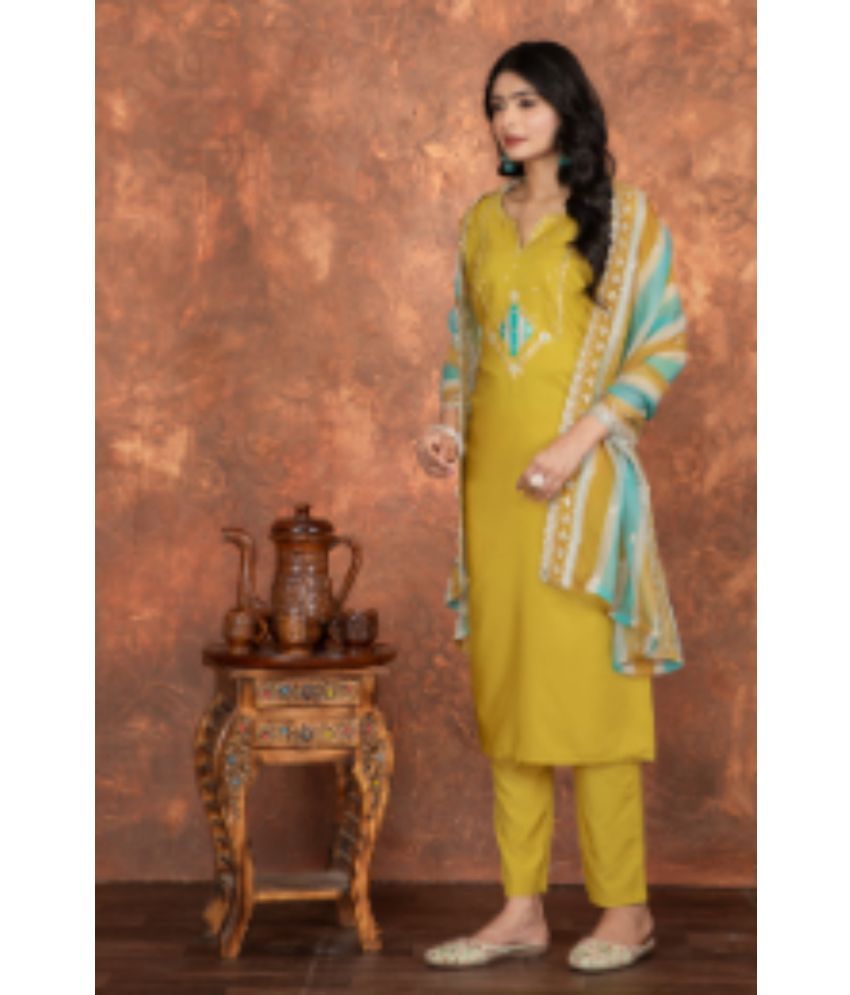     			Sitanjali Silk Blend Embroidered Kurti With Pants Women's Stitched Salwar Suit - Yellow ( Pack of 1 )