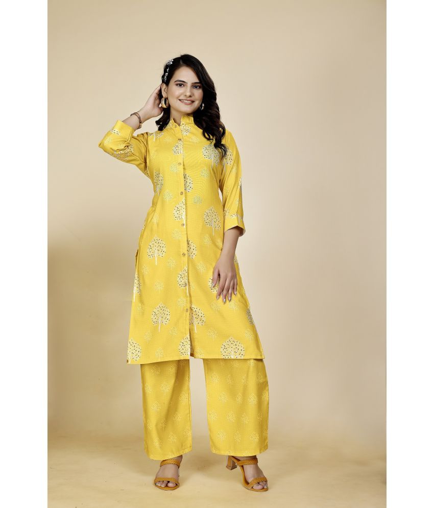     			TechieDesigner Yellow Printed Palazzo Top Set