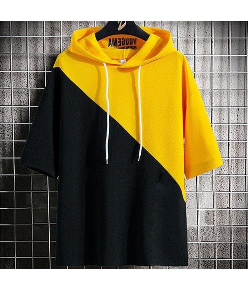     			Try This Cotton Blend Slim Fit Colorblock Half Sleeves Men's Hooded T-Shirt - Yellow ( Pack of 1 )