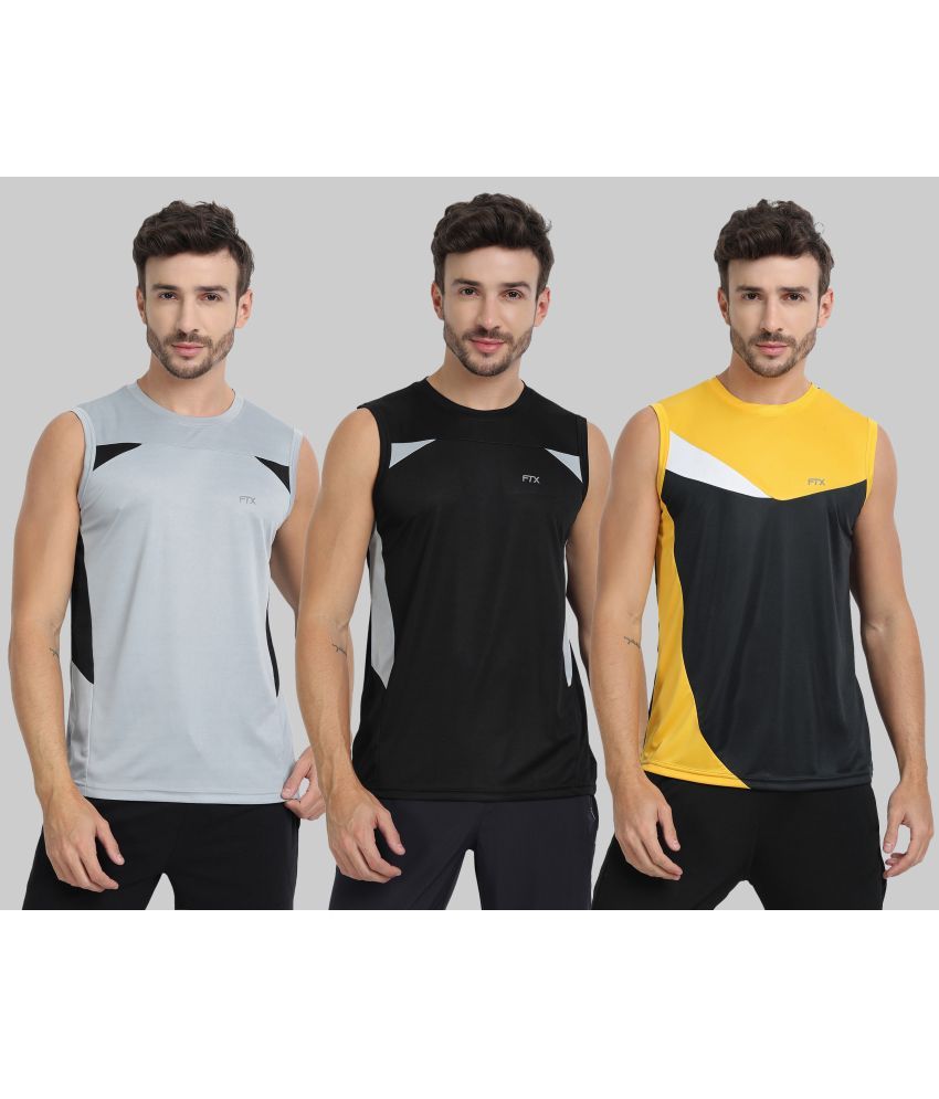     			FTX Polyester Regular Fit Colorblock Sleeveless Men's Round T-Shirt - Charcoal ( Pack of 3 )