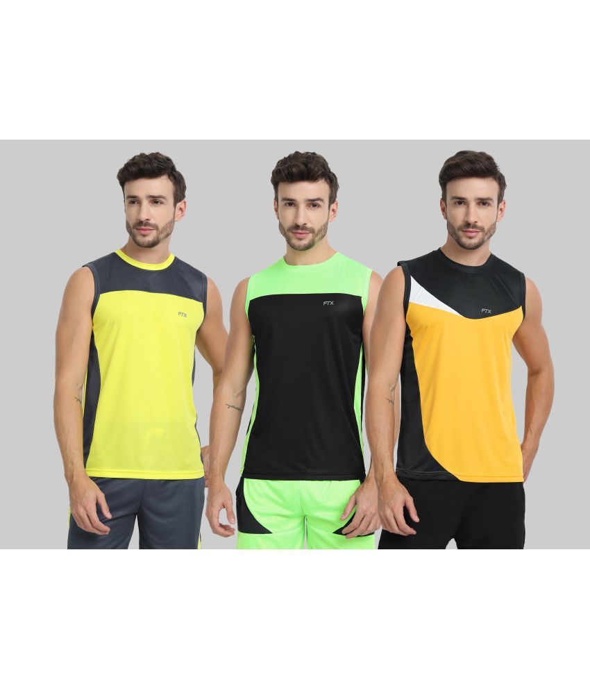     			FTX Polyester Regular Fit Colorblock Sleeveless Men's Round T-Shirt - Gold ( Pack of 3 )