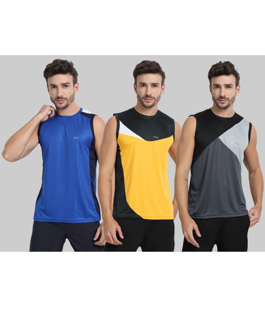     			FTX Polyester Regular Fit Colorblock Sleeveless Men's Round T-Shirt - Blue ( Pack of 3 )