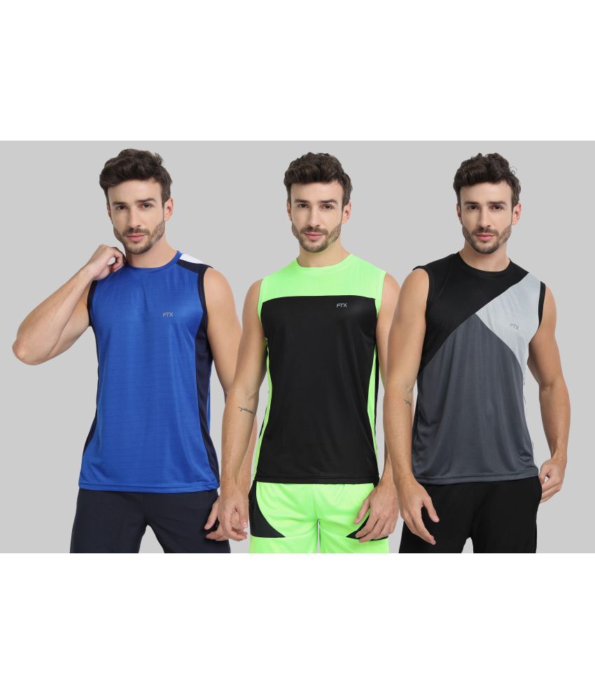     			FTX Polyester Regular Fit Colorblock Sleeveless Men's Round T-Shirt - Blue ( Pack of 3 )