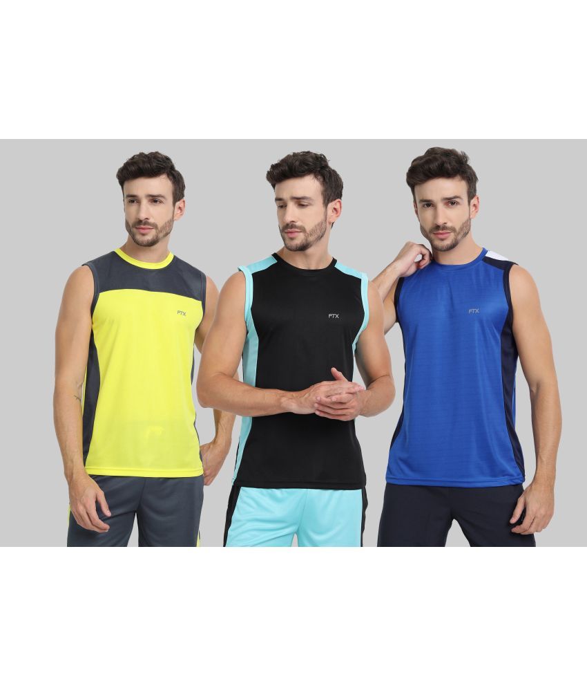     			FTX Polyester Regular Fit Colorblock Sleeveless Men's Round T-Shirt - Blue ( Pack of 3 )