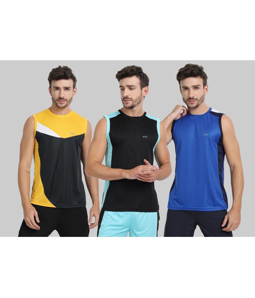     			FTX Polyester Regular Fit Colorblock Sleeveless Men's Round T-Shirt - Blue ( Pack of 3 )