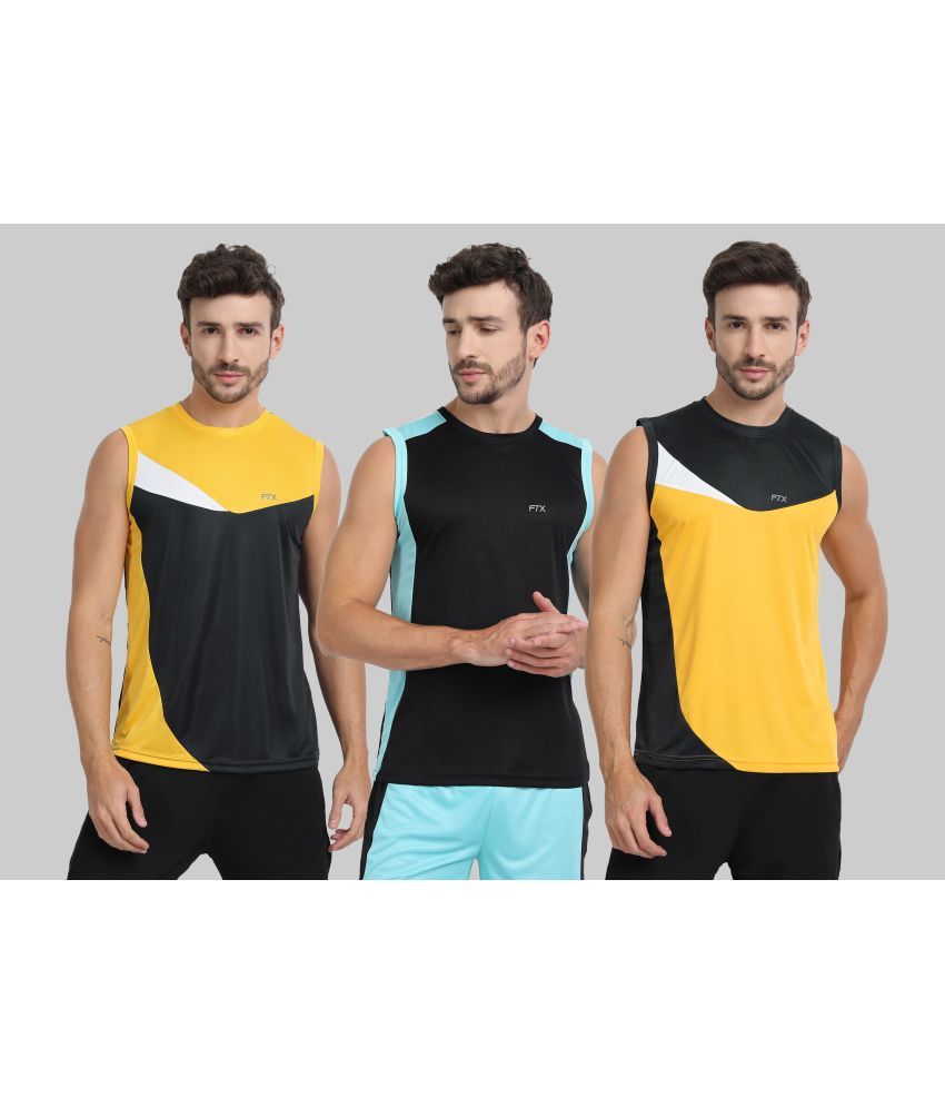     			FTX Polyester Regular Fit Colorblock Sleeveless Men's Round T-Shirt - Gold ( Pack of 3 )