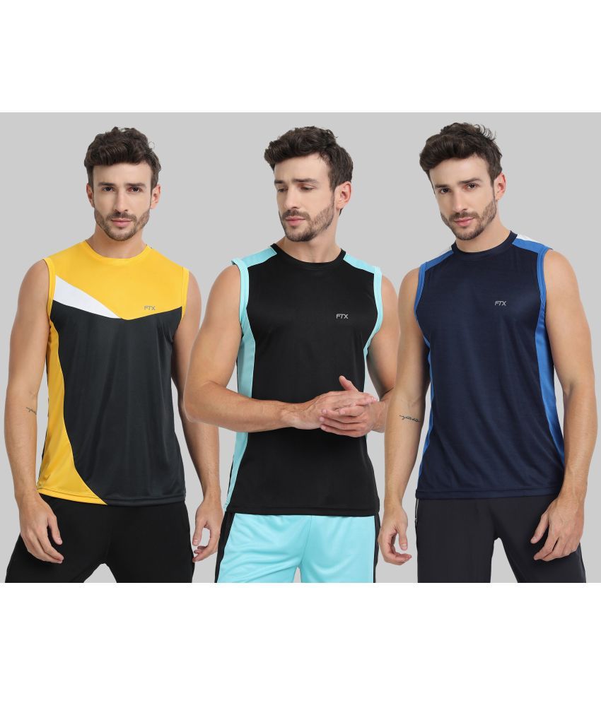     			FTX Polyester Regular Fit Colorblock Sleeveless Men's Round T-Shirt - Navy ( Pack of 3 )