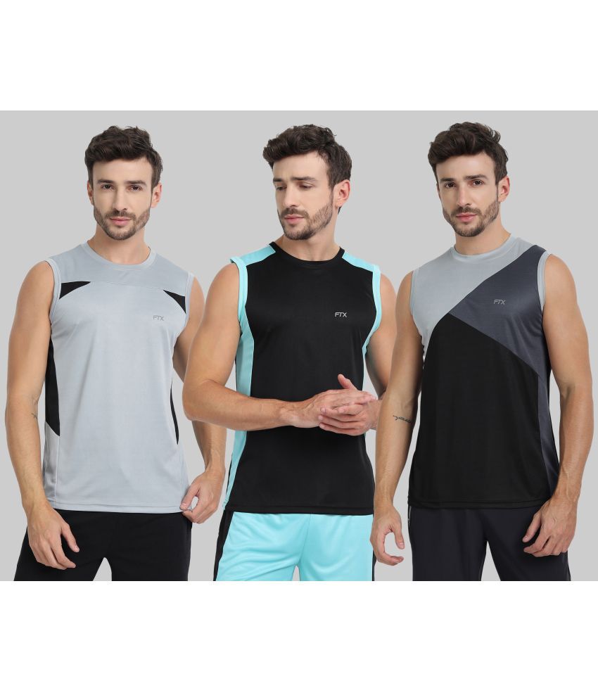     			FTX Polyester Regular Fit Colorblock Sleeveless Men's Round T-Shirt - Grey ( Pack of 3 )