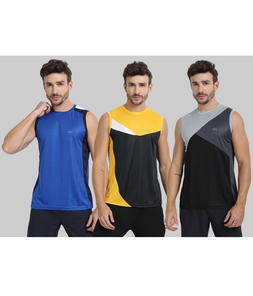     			FTX Polyester Regular Fit Colorblock Sleeveless Men's Round T-Shirt - Melange Blue ( Pack of 3 )