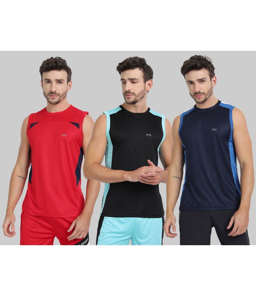     			FTX Polyester Regular Fit Colorblock Sleeveless Men's Round T-Shirt - Navy ( Pack of 3 )