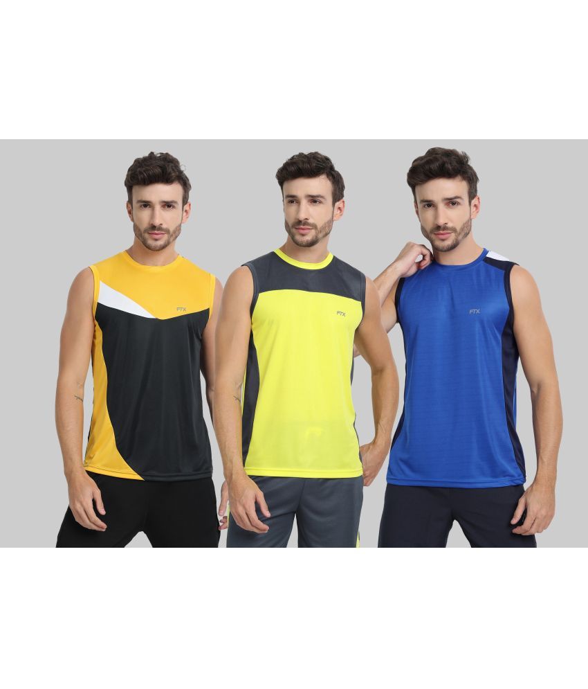     			FTX Polyester Regular Fit Colorblock Sleeveless Men's Round T-Shirt - Blue ( Pack of 3 )